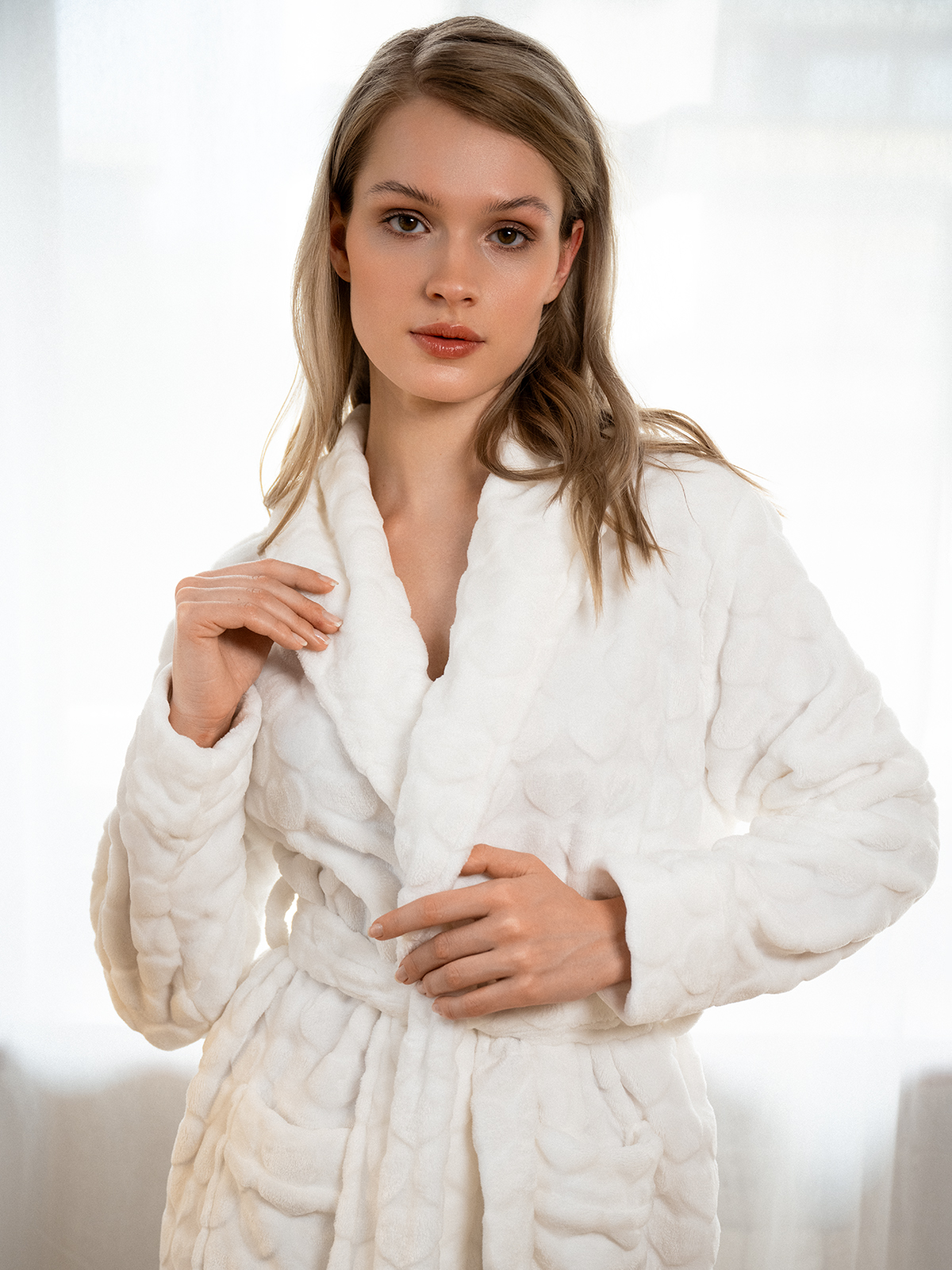 Белый бархатный халат Indefini ( Арт. 5178SYC)